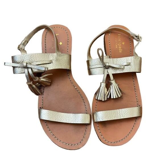 Kate Spade Carlita Tassel Sandals Gold Pebbled Leather Size 9 - Picture 5 of 5
